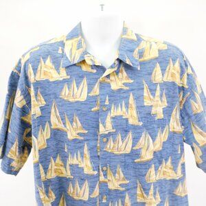 Pierre Cardin Blue Tan Sailboats Pocket Hawaiian‎ Dress Shirt XL Cotton
